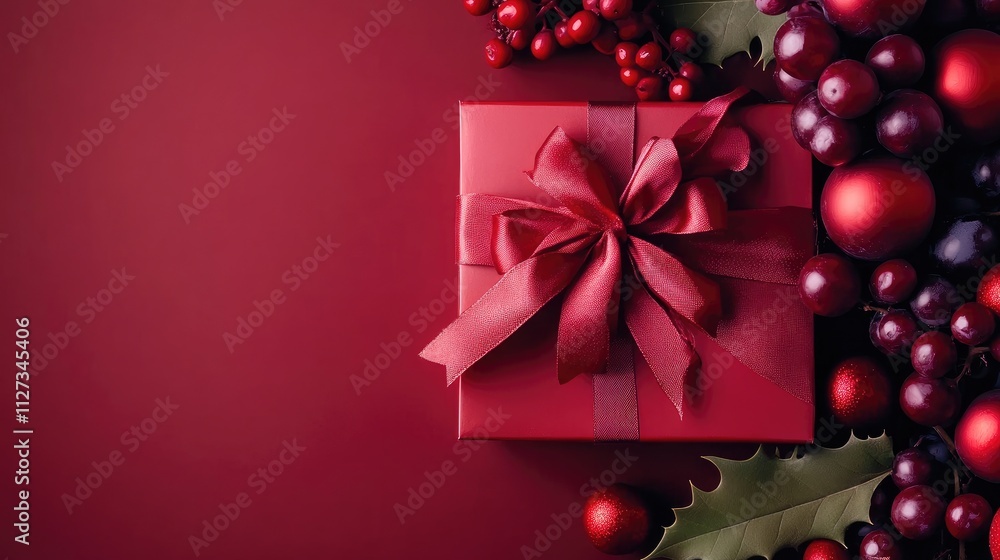 Christmas Gift Box with Ribbon Surrounded by Festive Ornaments and Berries for Boxing Day Sale and Online Shopping Promotions Christmas Gift Box with Ribbon Surrounded by Festive Ornaments and Berries for Boxing Day Sale and Online Shopping Promotions
