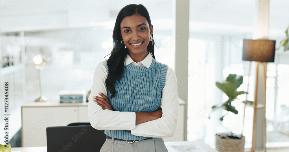 Smile, journalist and portrait of woman with arms crossed for professional, pride and entrepreneur in office. Creative, consultant or news editor for publishing, content creation and press startup Smile, journalist and portrait of woman with arms crossed for professional, pride and entrepreneur in office. Creative, consultant or news editor for publishing, content creation and press startup