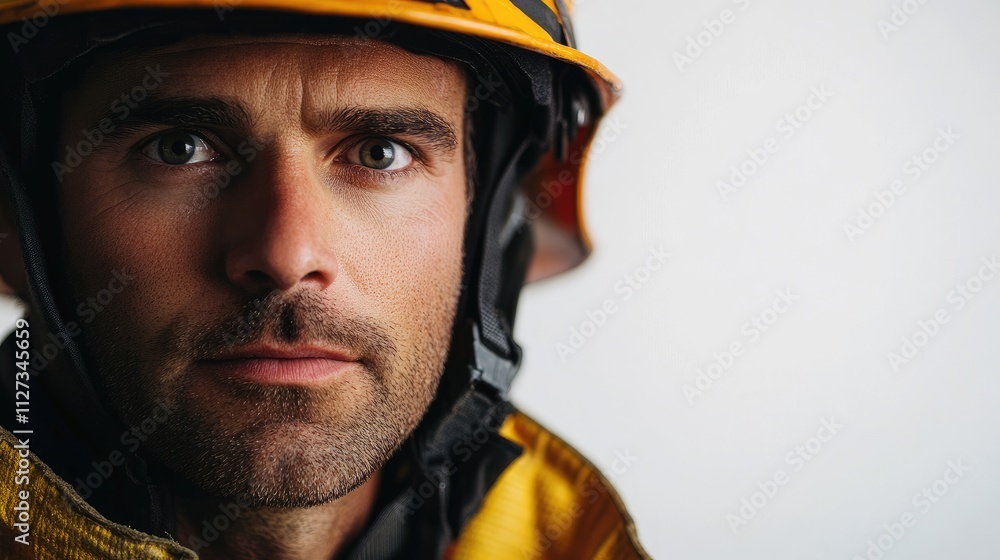 Fototapeta premium Close-up portrait of a male firefighter wearing a helmet and protective gear against a plain white background showcasing determination and bravery