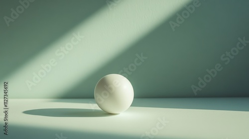 Minimalist composition of a ping pong ball casting a shadow on a light green table with soft natural lighting and shadow play. photo