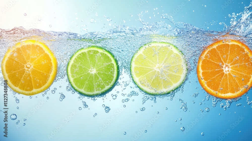 Citrus slices lemon lime and orange splashing into clear water with bubbles creating a refreshing and vibrant underwater scene Citrus slices lemon lime and orange splashing into clear water with bubbles creating a refreshing and vibrant underwater scene