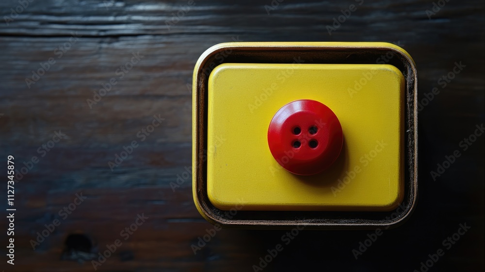 Red button on a yellow container with four holes on a wooden surface showcasing unique design and vibrant colors Red button on a yellow container with four holes on a wooden surface showcasing unique design and vibrant colors