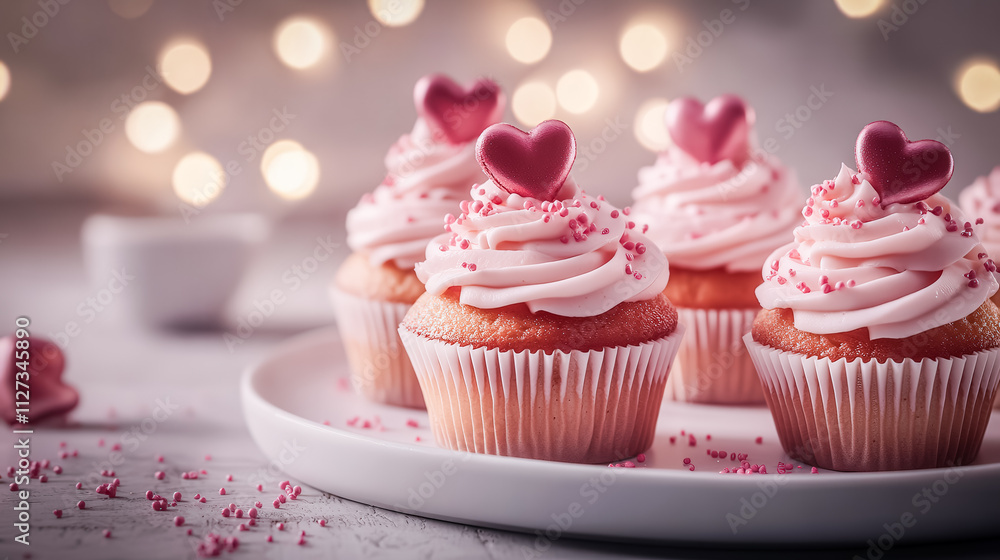 A plate of four cupcakes with pink frosting and hearts on top A plate of four cupcakes with pink frosting and hearts on top