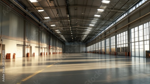 Modern industrial warehouse interior with ample space and natural light for large diameter pipe storage and logistics operations