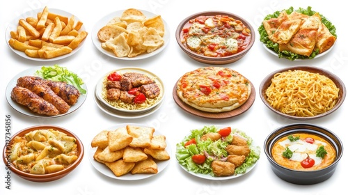 Assorted Delicious Food Dishes Collage Including Fish and Chips Lasagna Spaghetti Chicken Soup Grilled Chicken Samosas on White Background