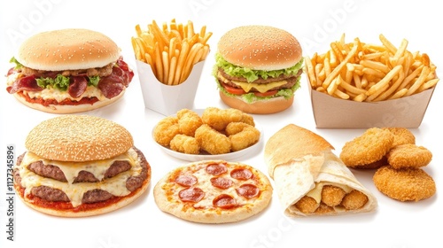 Assorted fast food selection featuring burgers fries pizza chicken nuggets wraps and nachos on a white background for appealing advertising use