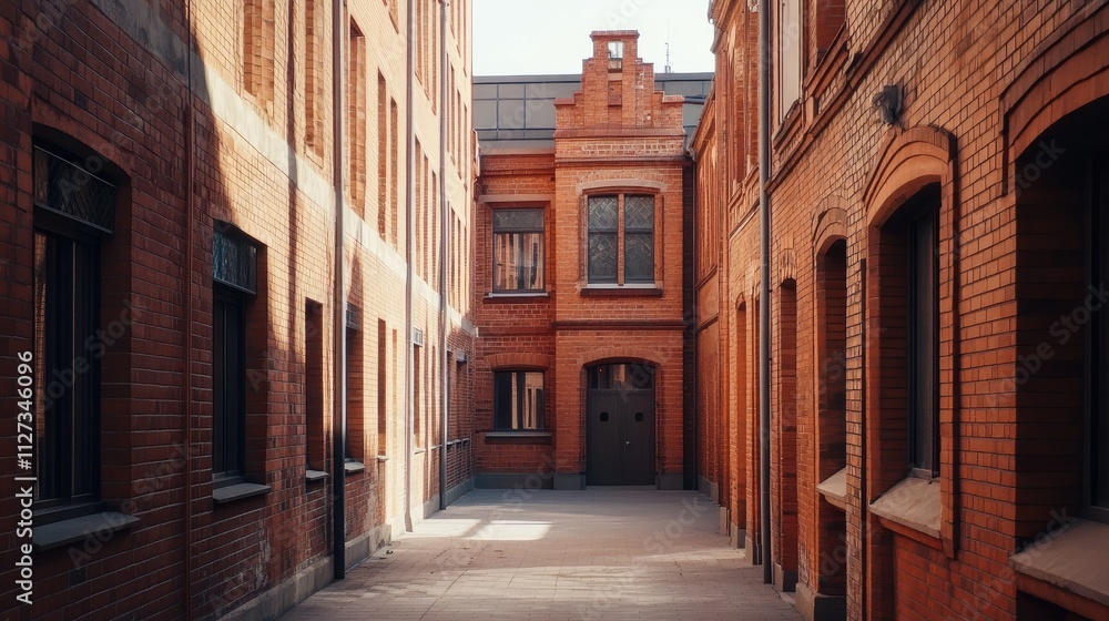 Fototapeta premium Historic red brick architecture with narrow alleyway in urban setting showcasing intricate masonry and vintage design elements
