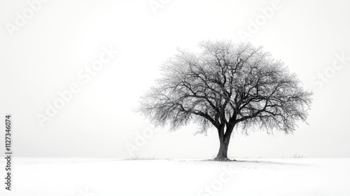 Lonely tree silhouette against a minimalistic white backdrop emphasizing solitude and tranquility in a serene landscape.