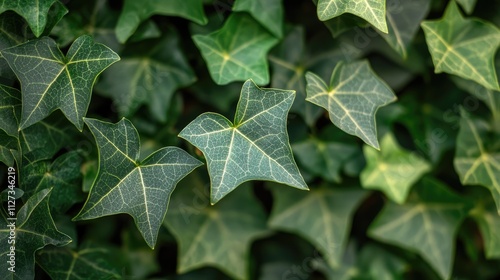 Lush green ivy leaves background in summer featuring a shallow depth of field creating a serene natural atmosphere.