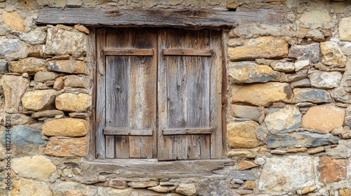 Historic stone wall with rustic wooden window frame in Riopar Viejo village Castilla La Mancha Spain showcasing traditional architecture. photo