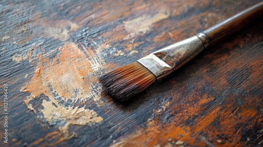 Brush on rustic wooden table with paint stains showcasing creative crafting and artistic renovation techniques. Brush on rustic wooden table with paint stains showcasing creative crafting and artistic renovation techniques.