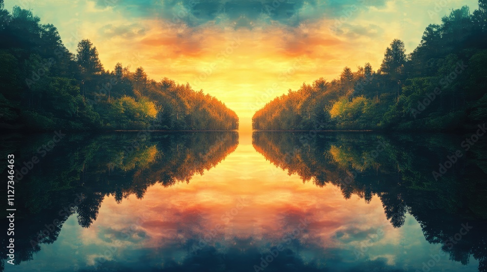 Obraz premium Serene forest lake at sunset with glowing clouds and symmetrical reflections in clear water showcasing an idyllic nature landscape