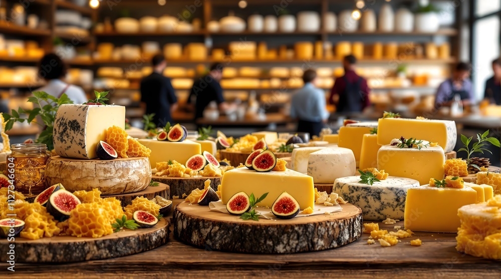 Artisanal Cheese and Fig Display at a Gourmet Food Market, Featuring Honeycomb and a Variety of Cheeses Artisanal Cheese and Fig Display at a Gourmet Food Market, Featuring Honeycomb and a Variety of Cheeses