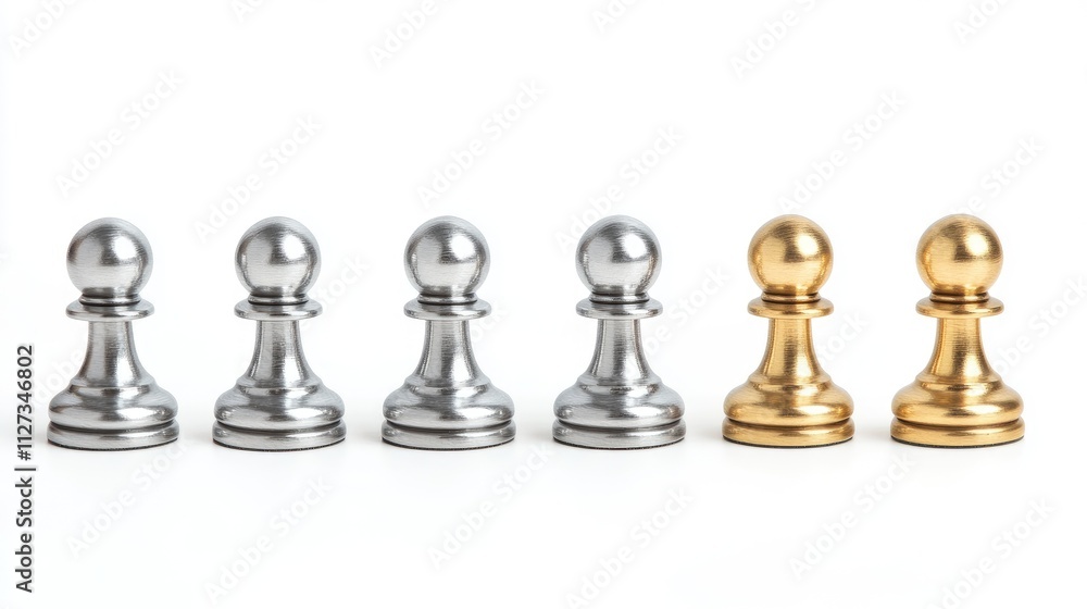 Set of silver and golden chess pawns arranged on a pristine white background showcasing strategic game elements and elegance in design Set of silver and golden chess pawns arranged on a pristine white background showcasing strategic game elements and elegance in design