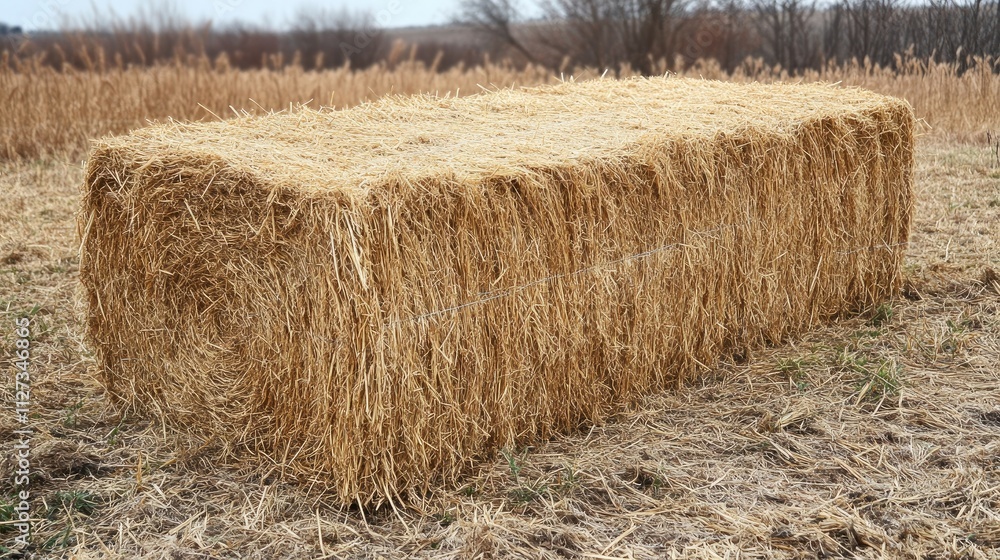 Rectangular straw bale resting in an agricultural field surrounded by dry grass and distant trees under a cloudy sky