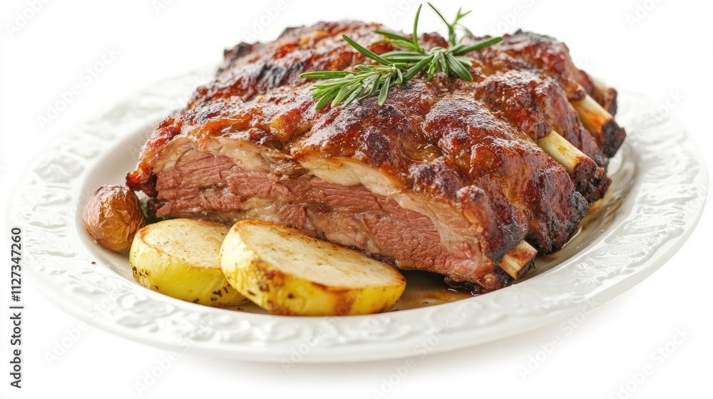Smoked pork ribs garnished with rosemary served on a white plate alongside baked potatoes against a clean white background Smoked pork ribs garnished with rosemary served on a white plate alongside baked potatoes against a clean white background