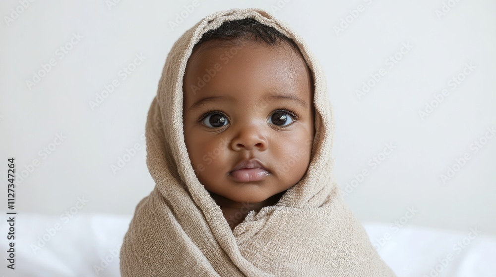 Adorable baby wrapped in a towel with soulful eyes posed against a neutral backdrop capturing innocence and warmth in a cozy setting Adorable baby wrapped in a towel with soulful eyes posed against a neutral backdrop capturing innocence and warmth in a cozy setting