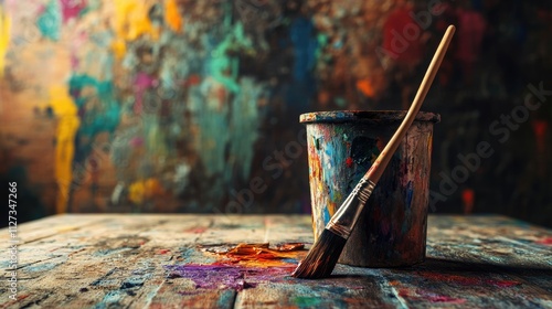 Colorful paint bucket and brush on rustic wooden surface with textured background, ideal for art and creative design concepts photo