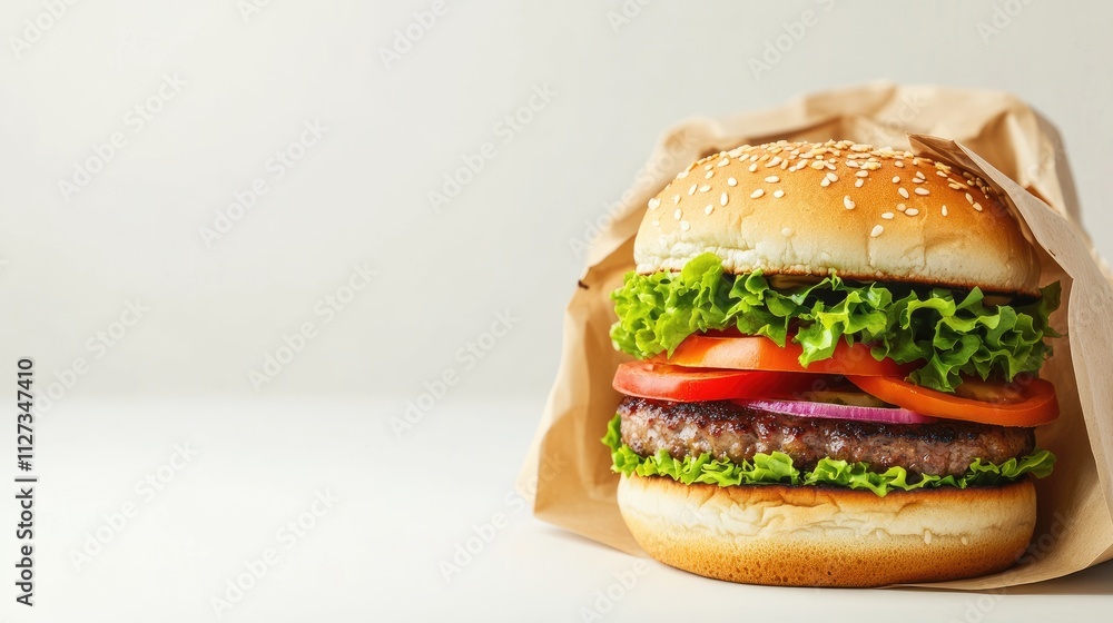 Delicious fresh burger with vegetables in paper bag on white background showcasing fast food takeaway concept and clean eating lifestyle Delicious fresh burger with vegetables in paper bag on white background showcasing fast food takeaway concept and clean eating lifestyle