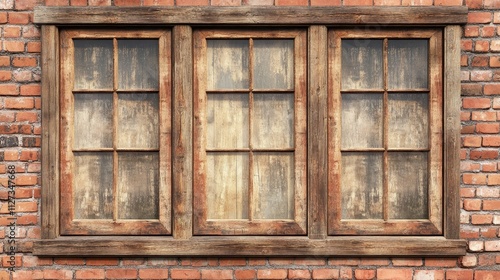 Vintage wooden window frames on textured red brick wall showcasing rustic architectural design elements and weathered materials.