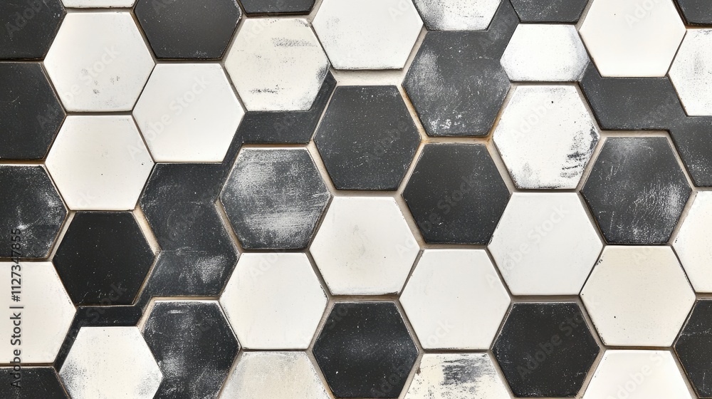Distressed black and white hexagon tiles pattern. Distressed black and white hexagon tiles pattern.