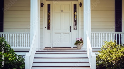 Modern home entrance showcasing a stylish front door with an elegant porch and inviting staircase leading to the interior.