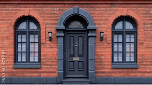 Elegant red brick wall featuring arched doors and windows with black accents and vintage styling for architectural inspiration