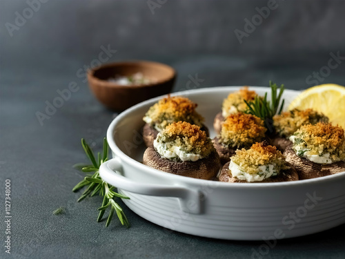 Homemade Stuffed Mushroom Appetizer with Cheese and Breadcrumbs photo