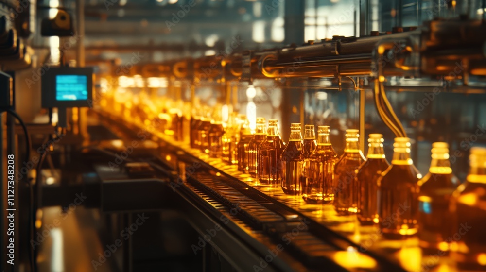 Bottling plant conveyor belt with amber liquid filled bottles. Bottling plant conveyor belt with amber liquid filled bottles.