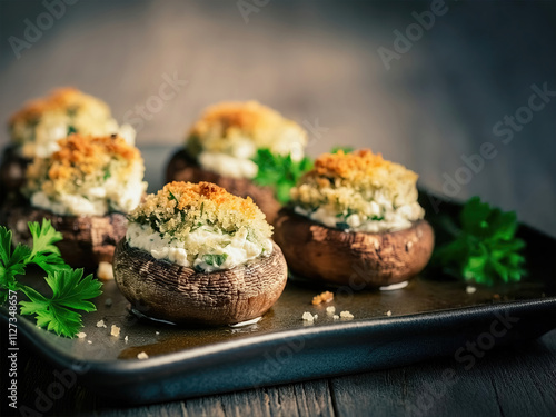 Homemade Stuffed Mushroom Appetizer with Cheese and Breadcrumbs photo