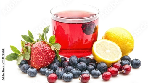 Herbal tea with cranberry blueberry strawberry and lemon on a white background showcasing a vibrant refreshing beverage choice photo