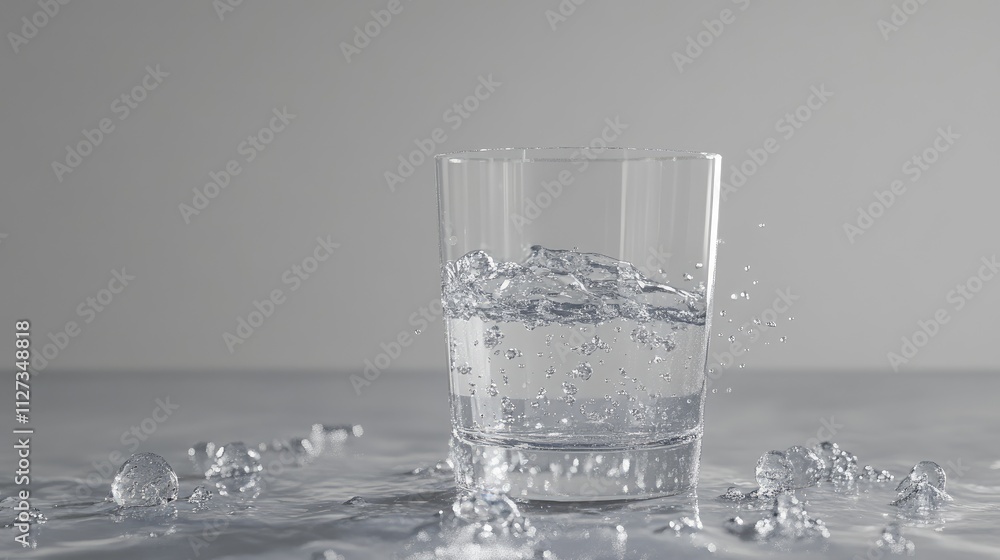 Clear glass of water on gray surface with scattered droplets creating a refreshing and tranquil ambiance for environmental or wellness themes Clear glass of water on gray surface with scattered droplets creating a refreshing and tranquil ambiance for environmental or wellness themes