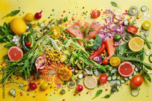 A vibrant visual of a flexitarian dinner. featuring vegetables, grains, and occasional fish. promoting flexibility and balanced nutrition. Ideal for dinner blogs photo