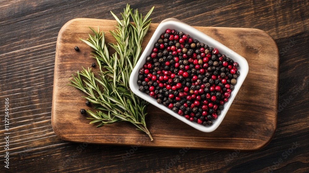 Red and black pepper with rosemary on a wooden board top view culinary spices natural ingredients Red and black pepper with rosemary on a wooden board top view culinary spices natural ingredients