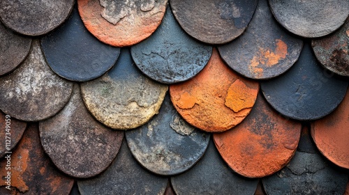 Closeup of a weathered clay tile roof showcasing a rich texture and color variation highlighting age and craftsmanship. photo