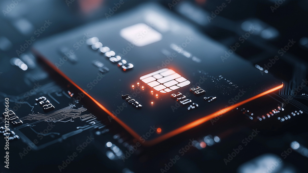 Product presentation of credit card, close up front side of card