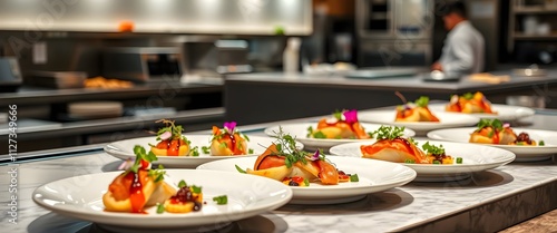 Gourmet Appetizers Artfully Arranged on Plates in a Restaurant Kitchen, Ready to be Served