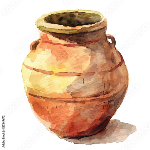 A watercolor drawing of a clay pot, isolated on a white background. Clay pot vector.