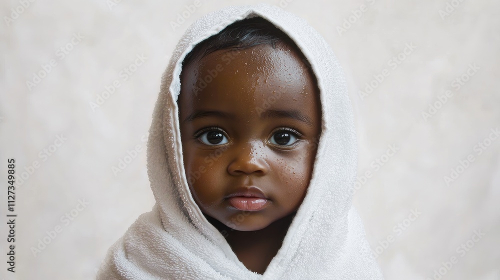 Obraz premium Adorable baby wrapped in a towel with soft skin against a neutral backdrop conveying innocence and warmth. Perfect for family and childhood themes.