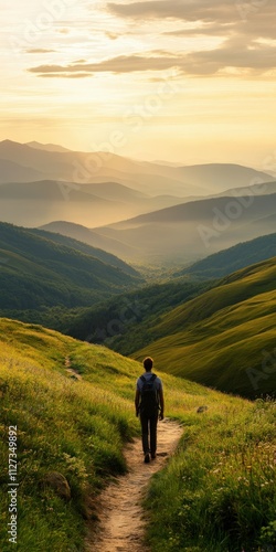 Man explores rolling hills at sunset in serene landscape