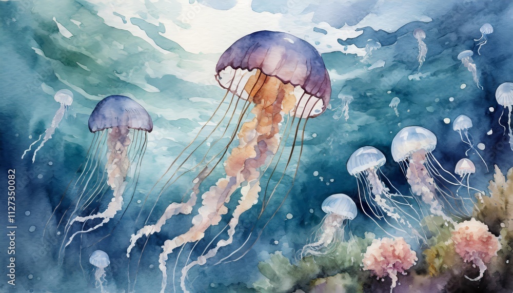 Enchanting Jellyfish in the Sea A Captivating Watercolor Artwork Capturing the Graceful Movement and Ethereal Beauty of Underwater Life in Stunning Hues of Blue and Pink Enchanting Jellyfish in the Sea A Captivating Watercolor Artwork Capturing the Graceful Movement and Ethereal Beauty of Underwater Life in Stunning Hues of Blue and Pink