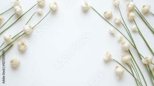 Fresh garlic bulbs and green shoots arranged artistically on a clean white background for food and cooking related themes. photo