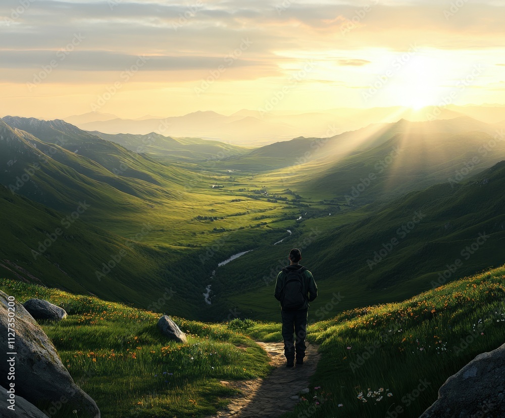 Fototapeta premium Hiker gazes at sunset over a lush valley in mountains
