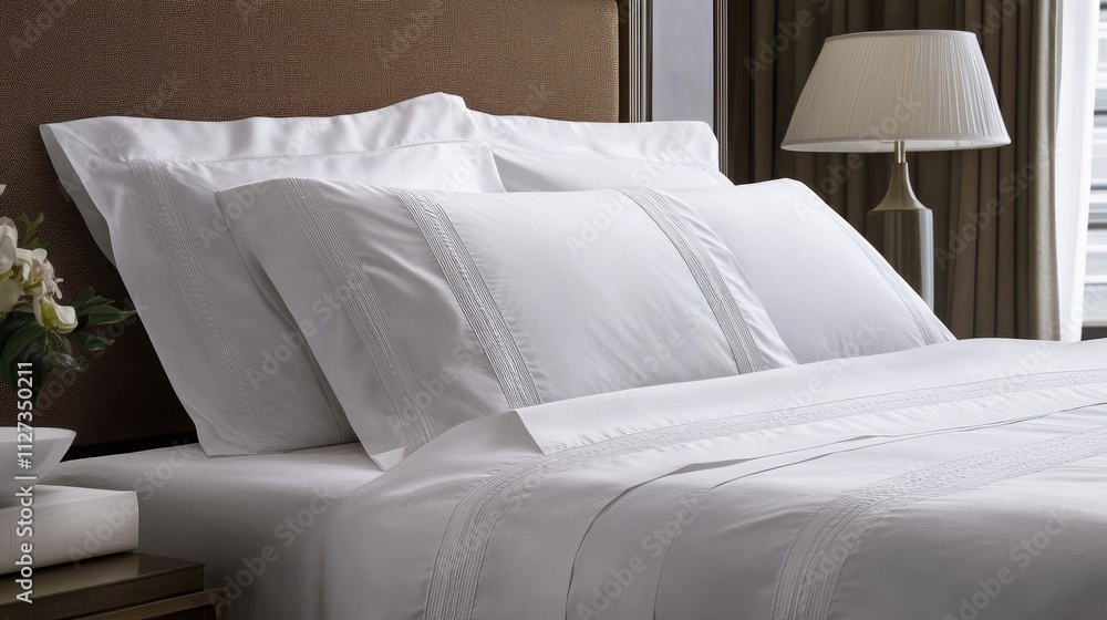 Elegant white bed linens on a luxurious brown bed in a stylish hotel room ambiance Elegant white bed linens on a luxurious brown bed in a stylish hotel room ambiance