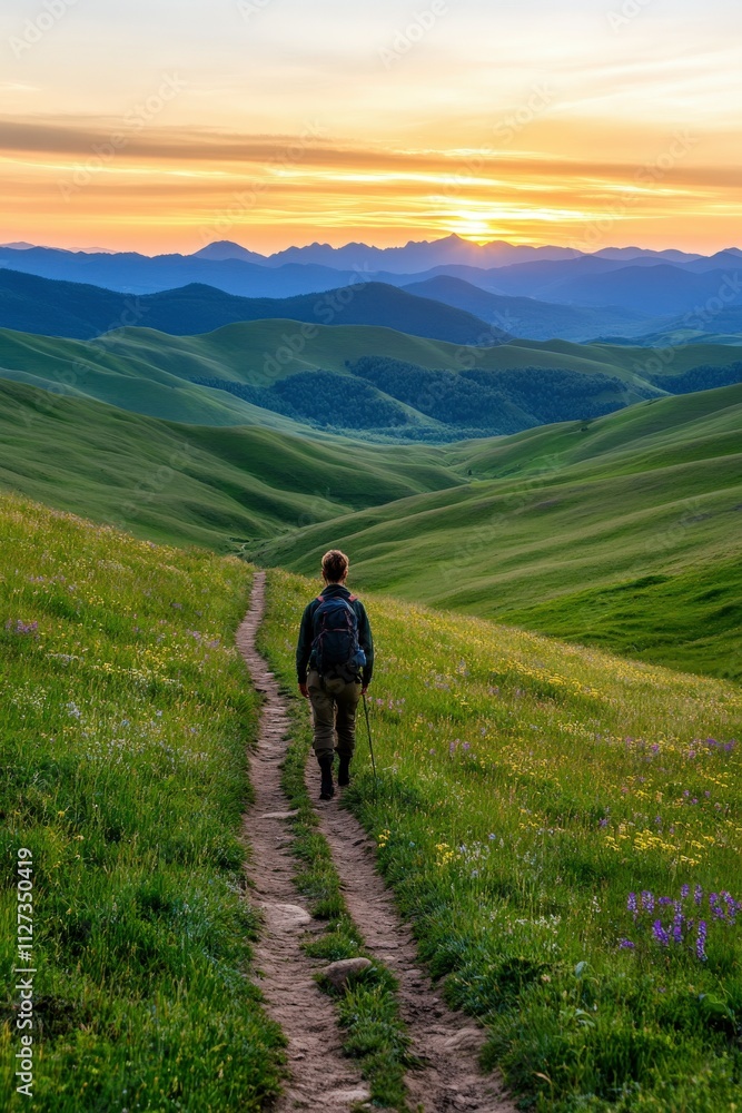 Hiker explores lush green hillside at sunset near mountains Hiker explores lush green hillside at sunset near mountains