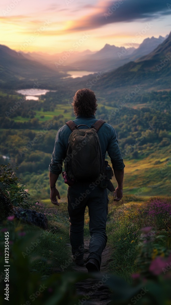 Man walking on a trail through mountains at sunset Man walking on a trail through mountains at sunset