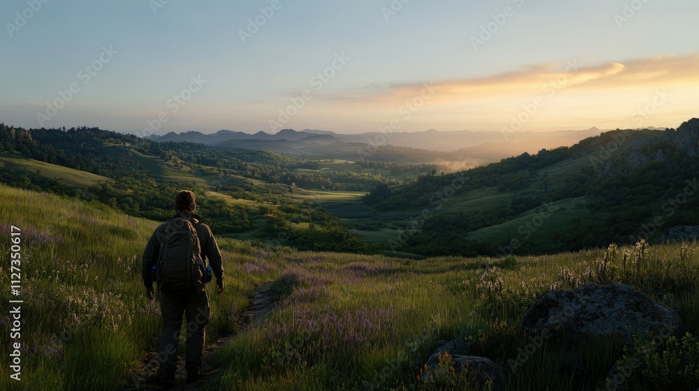 Obraz premium Hiker explores tranquil valley during golden hour in nature