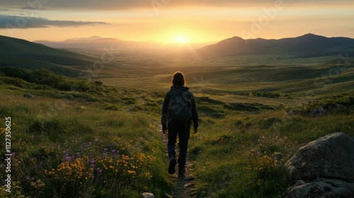 Hiker walks along a trail at sunset near mountains