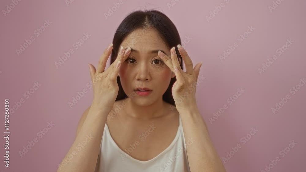 Asian woman in china gently applying skincare on her face with a pink isolated background, demonstrating beauty treatment and personal care techniques. Asian woman in china gently applying skincare on her face with a pink isolated background, demonstrating beauty treatment and personal care techniques.