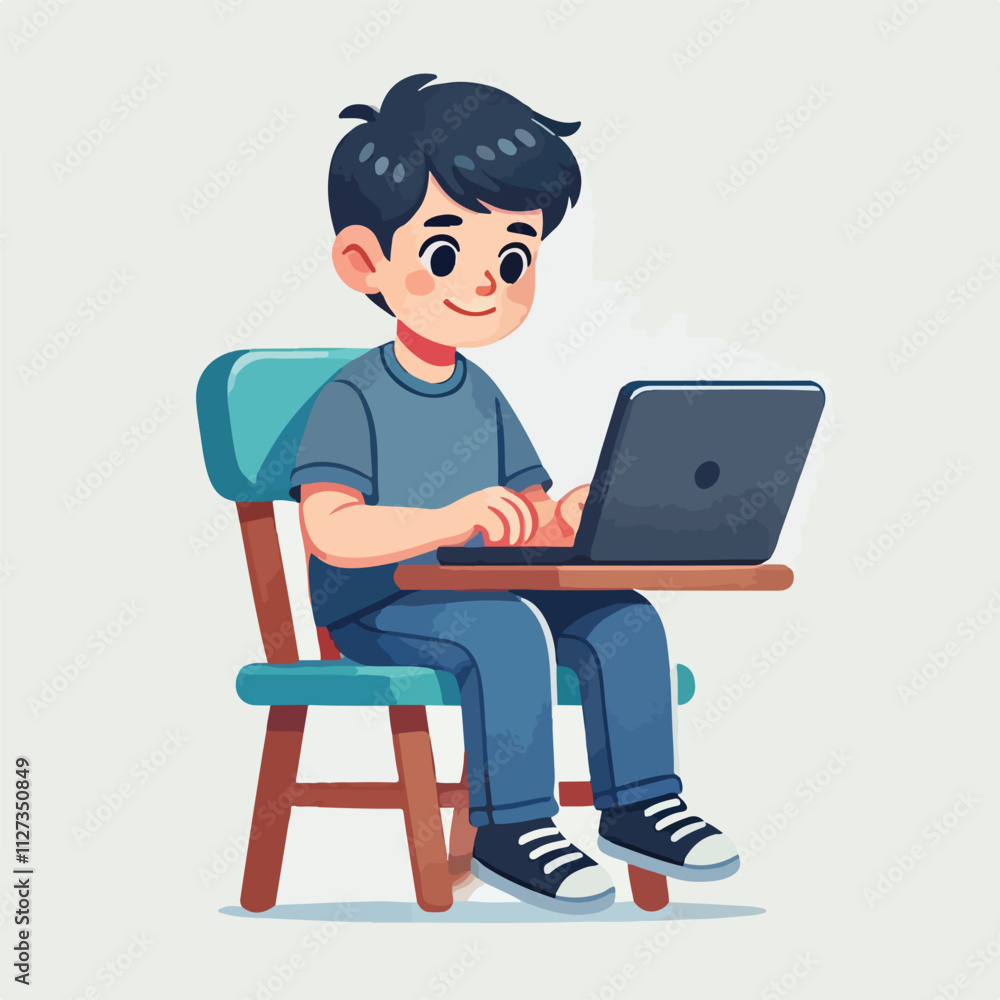 a boy is using his laptop vector a boy is using his laptop vector
